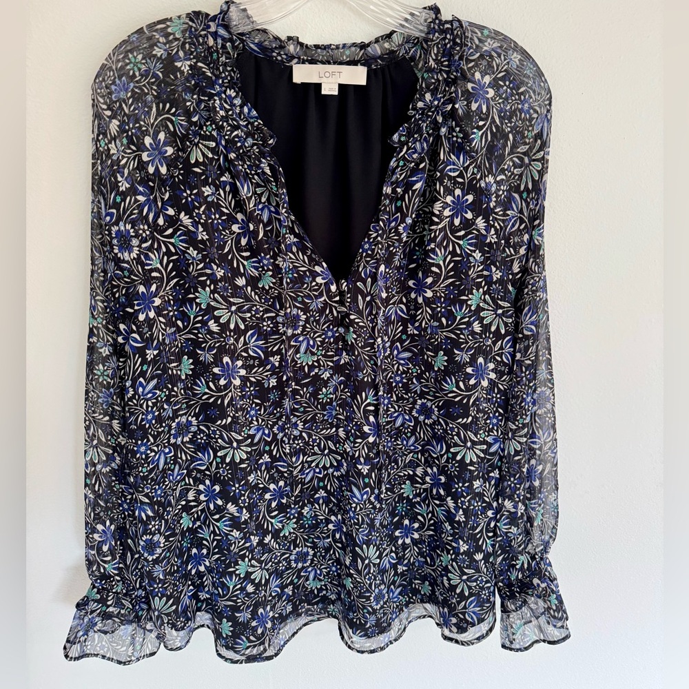 Loft Navy Top Sheer Sleeves